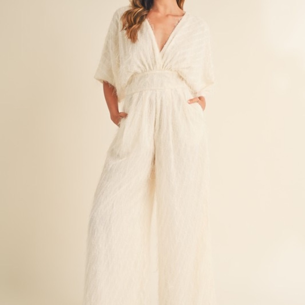 MABLE Fluffy Deep V Neck Wide Leg Jumpsuit